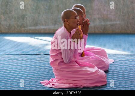 Les religieuses bouddhistes priant à l'intérieur de la pagode du temple à Thetkya Thidar Nunnery, Sakyadhita Thilashin Nunnery School, Sagaing, Myanmar (Birmanie), Asie en février Banque D'Images