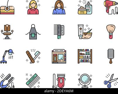 Ensemble d'icônes de couleur plate du salon de beauté. Coiffeur, cosmétiques, ciseaux et plus encore. Illustration de Vecteur