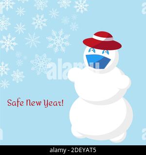 Bonhomme de neige dans un chapeau rouge et un masque médical sur fond bleu avec flocons de neige et l'inscription - Safe nouvel an. Concept vacances de Noël duri Illustration de Vecteur