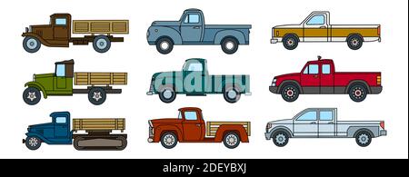 Ensemble de camions vintage de style dessin animé. Illustration vectorielle Illustration de Vecteur