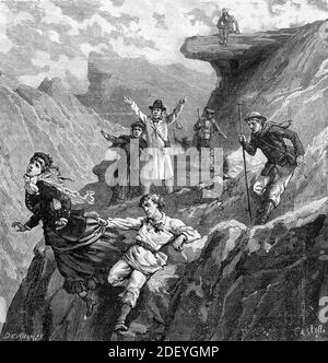 Accident ou tragédie à pied sur le Mont Puy de Sancy, la plus haute montagne du massif Central Puy-de-Dôme France (Engr Castelli, 1884) gravure ou illustration ancienne Banque D'Images