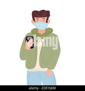 Beau jeune homme en masque médical pour protéger les autres contre la propagation du virus. Virus de saison et quarantaine. Illustration vectorielle dans un style moderne et plat Banque D'Images