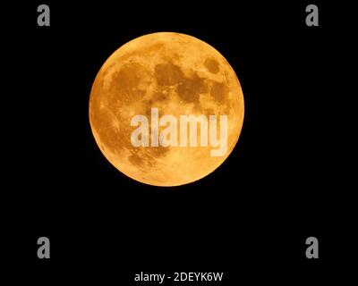 Pleine lune de récolte en orange vif avec détails éclairage clair de lune Up Black Sky Astrologie Photographie Banque D'Images