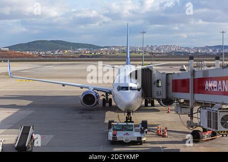 Vue avant du Boeing 737 du jet d'Anadolujet relié au pont à jet sur la rampe d'accès de l'aéroport. Banque D'Images