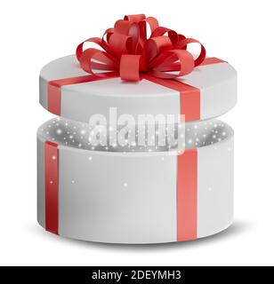 Boîte blanche cadeau ouverte dans un ruban rouge et noeud sur le dessus. Vacances, boîte ronde cadeau avec des sparkles à l'intérieur. Illustration vectorielle. Illustration de Vecteur