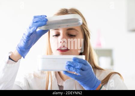 un jeune étudiant apprend un essai scientifique dans un laboratoire Banque D'Images