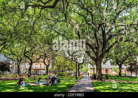 Savannah, Etats-Unis - 11 mai 2018: Célèbre parc Forsyth en Géorgie pendant la journée ensoleillée en été avec des gens touristes assis sur la pelouse herbe pique-nique couvertures und Banque D'Images