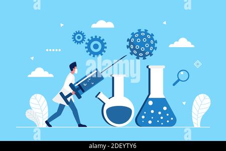 Illustration du vecteur de recherche de la médecine vaccinale du coronavirus. Caricature médecin scientifique personnage tenant une seringue d'injection médicale, traitement et vaccination, arrêter le virus corona fond concept Illustration de Vecteur