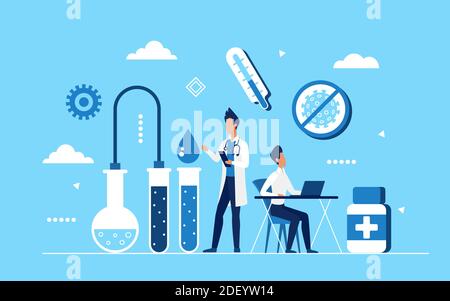 Illustration du vecteur de développement de la médecine du vaccin contre le coronavirus. Caricature médecin personnages scientifiques développer le vaccin du virus corona avec l'équipement de laboratoire médical, test de laboratoire Covid19 antécédents de traitement Illustration de Vecteur