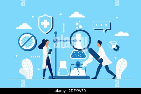 Mise au point d'un vaccin contre le coronavirus en science illustration du vecteur du concept de laboratoire. Caricature les gens de minuscules scientifiques développent et testent un nouveau vaccin contre le virus corona covid19, en tenant des antécédents d'équipement médical Illustration de Vecteur