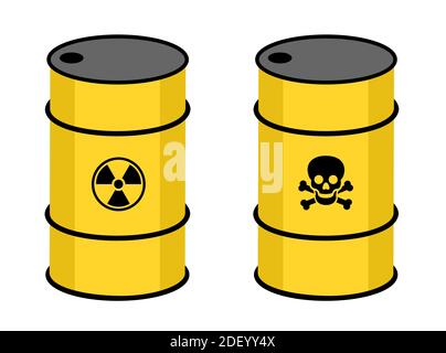 Baril avec substance radioactive et toxique. Symbole de radioactivité et de toxicité sur le contenant jaune. Déchets nucléaires et atomiques ou produits chimiques Banque D'Images