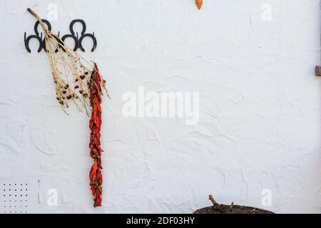 Les poivrons rouges sèchent au soleil. Façade de la grotte. Barrio de las Cuevas - quartier des maisons de grottes. Guadix, Grenade, Andalousie, Espagne, Europe Guadix, Grana Banque D'Images