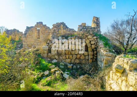 Vue sur les ruines antiques du site archéologique tel Tzuba, avec les vestiges d'un dôme éminent, d'un village arabe et d'une forteresse des croisés à Jérusalem Banque D'Images