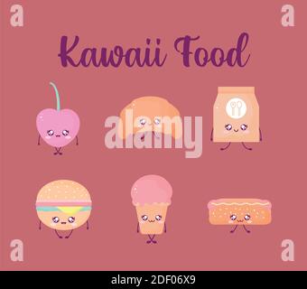 laque de nourriture kawaii lettering et ensemble de nourriture kawaii Illustration de Vecteur