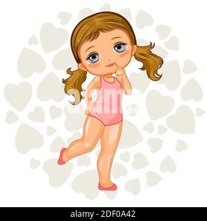 Jolie petite fille en maillot de bain. Joyeux enfant drôle de bonne humeur. L'objet isolé sur un fond blanc. Bébé en vêtements de plage. Dessin animé plat Illustration de Vecteur