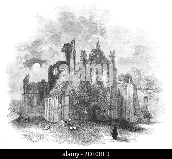 Vue du XIXe siècle sur l'abbaye de Kirkstall, un monastère cistercien en ruines à Kirkstall, dans le West Yorkshire, en Angleterre. Il a été fondé vers 1150, et s'est désétabli lors de la dissolution des monastères sous Henri VIII Les ruines pittoresques ont été dessinées et peintes par J.M.W. Turner, Thomas Girtin et John Sell Cotman. Banque D'Images