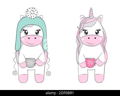 Adorable licorne bébé fille en chapeau d'hiver tient la tasse. Illustration vectorielle. Illustration de Vecteur