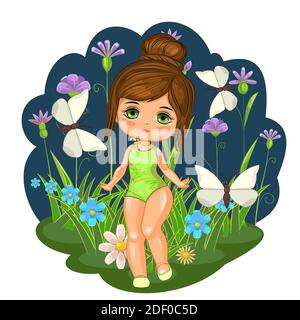 Jolie petite fille en maillot de bain. Joyeux enfant drôle de bonne humeur. L'objet isolé sur un fond blanc. Bébé en vêtements de plage. Dessin animé plat Illustration de Vecteur