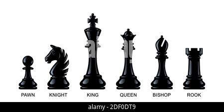 Pièces d'échecs isolées sur fond blanc. Illustration vectorielle, eps 10. Roi, reine, évêque, chevalier, cook, pion Illustration de Vecteur