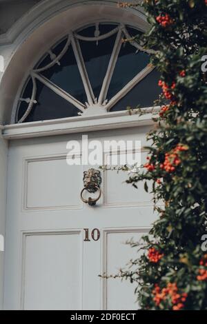 Rye, Royaume-Uni - 10 octobre 2020 : porte d'entrée avec une porte à tête de lion en métal, knocker d'une maison anglaise traditionnelle à Rye, l'un des plus préservés du t médiéval Banque D'Images