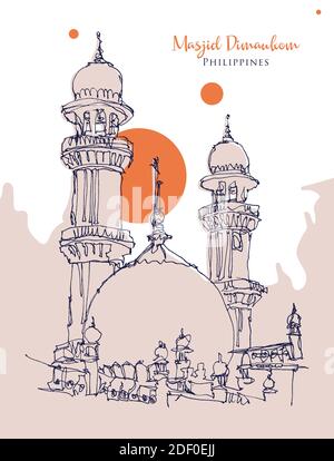 Illustration vectorielle d'une esquisse dessinée à la main de Masjid Dimaukom ou du Mosquée rose aux Philippines Illustration de Vecteur