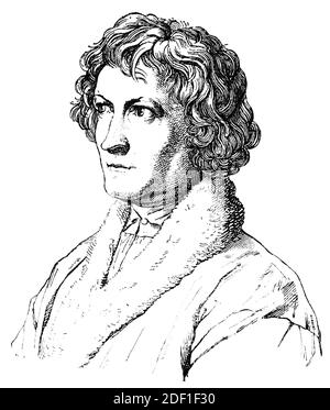 Portrait de Bertel Thorvaldsen - sculpteur danois et médaillé de renommée internationale qui a passé la plus grande partie de sa vie en Italie. Illustration du 19e siècle. Arrière-plan blanc. Banque D'Images