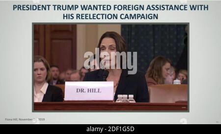 Dans cette image de la télévision du Sénat des États-Unis, il s'agit d'un graphique montrant le témoignage de Fiona Hill le 21 novembre 2019, présenté par le représentant américain Adam Schiff (démocrate de Californie), Président, COMITÉ permanent spécial de la Chambre DES ÉTATS-UNIS sur le renseignement lors de sa présentation d'ouverture lors du procès du président américain Donald J. Trump au Sénat américain dans le Capitole des États-Unis à Washington, DC tôt dans la matinée du mercredi 22 janvier 2020. Photo de la télévision du Sénat des États-Unis via CNP/ABACAPRESS.COM Banque D'Images