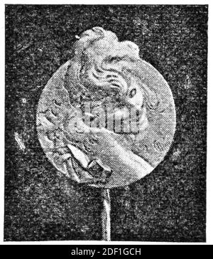 Broche - masque. Or, par Jules Cheret. Illustration du 19e siècle. Allemagne. Arrière-plan blanc. Banque D'Images