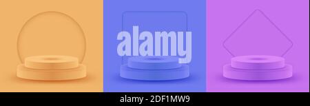 Ensemble de podium à scène ronde éclairé par de la lumière. Toile de fond vectorielle de la scène de collection. Scène festive du podium pour la cérémonie de remise des prix sur fond orange et bleu. V Illustration de Vecteur