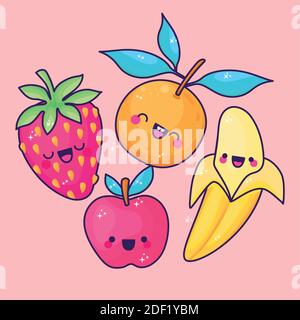 jeux d'icônes de fruits kawaii Illustration de Vecteur