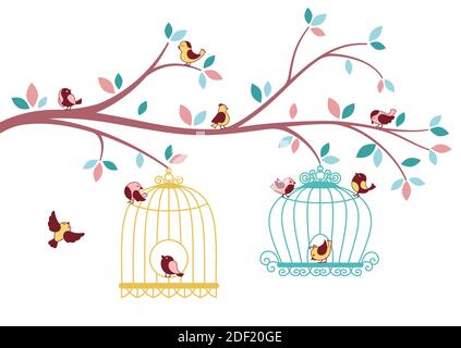 Oiseaux volant de cage, carte de branche d'arbre. Silhouette d'oiseau volant et de cage. Illustration vectorielle décorative monochrome isolée sur fond blanc Illustration de Vecteur