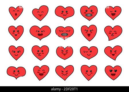 Jeu de personnages de dessin animé en forme de coeur. Love Red Sign, adorable collection d'émoticônes style kawaii. L'icône de la Saint-Valentin fait face aux cœurs. Illustration vectorielle romantique de style anime japonais. Manga de personnage Anime Illustration de Vecteur