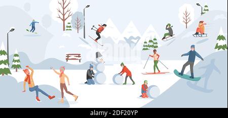 Joyeux souriant les gens à l'hiver Noël vacances vecteur plat illustration. Hommes et femmes dans des vêtements chauds d'hiver passant du temps au parc d'hiver, ski, snowboard, faire du bonhomme de neige, jouer des boules de neige. Illustration de Vecteur