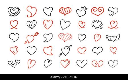 Icône d'esquisse de grunge à motif coeur. Saint-Valentin coeur contour scribble dessin à la main collection, amour rouge et noir. Marqueur de forme rugueuse isolé. Illustration vectorielle d'autocollants romantiques Illustration de Vecteur