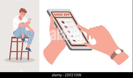 Illustration vectorielle plate de l'application d'achat. Homme souriant assis à la chaise avec un smartphone, regardant l'affichage du téléphone et faisant des achats en ligne. Homme choisissant des aliments dans l'application d'épicerie. Illustration de Vecteur