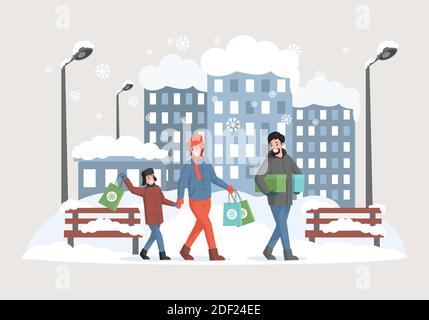 Bonne famille se préparant pour Noël et les fêtes du nouvel an illustration vectorielle plate. Sacs de transport pour homme, femme et garçon avec cadeaux. Homme, femme et garçon dans des vêtements chauds passant du temps en ville d'hiver. Illustration de Vecteur