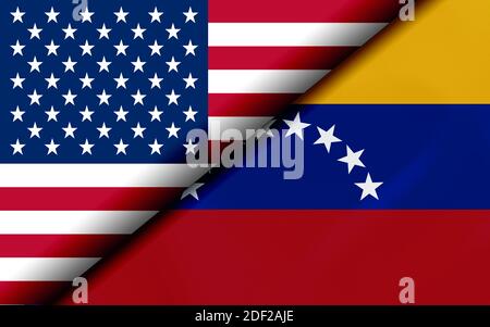 Drapeaux des États-Unis et du Venezuela divisés en diagonale. Rendu 3D Banque D'Images