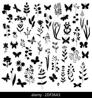 Grand ensemble de silhouettes noires de fleurs, de branches, de feuilles, d'autres éléments végétaux et de papillons isolés sur blanc. Illustration de Vecteur