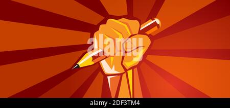 main tenant un crayon réforme de l'éducation révolution a soulevé le fond rouge poing illustration Illustration de Vecteur