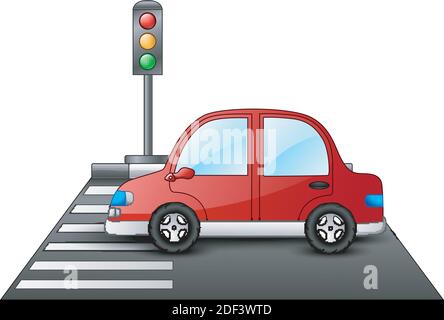 Illustration vectorielle de la voiture rouge et des feux de signalisation sur un passage pour piétons Illustration de Vecteur