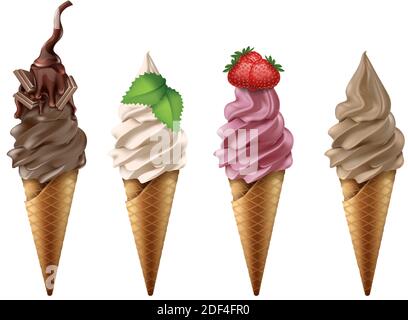 collection vectorielle 3d réaliste de yaourt glacé ou de crème glacée au chocolat, à la vanille, à la fraise et au café. Isolé sur fond blanc. Illustration de Vecteur