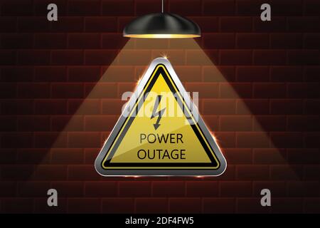 Arrière-plan de la panne de courant Vector avec panneau d'avertissement et mur de briques sombre. Illustration de Vecteur