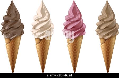 collection vectorielle 3d réaliste de yaourt glacé ou de crème glacée au chocolat, à la vanille, à la fraise et au café. Isolé sur fond blanc. Illustration de Vecteur