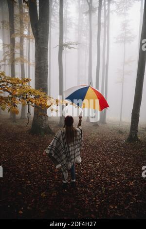 Jeune femme portant un poncho dans la forêt sauvage et tenant un parapluie multicolore. Saison d'automne pluvieux Banque D'Images