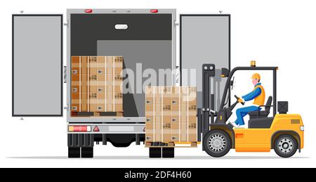 Chariot élévateur chargeant les caisses de palettes dans le chariot en vue arrière. Chargement de boîtes en carton par téléchargeur électrique dans le véhicule de livraison. Logistique et expédition de fret. Équipement de stockage d'entrepôt. Illustration vectorielle plate Illustration de Vecteur