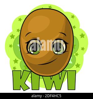 Kiwis sur fond abstrait. Face. Inscription. Objet isolé sur blanc. Mûr. Style dessin animé plat. Illustration. Souriez. Banque D'Images