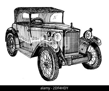 Voiture rétro vintage dessinée à la main, dessin de doodle graphiques illustration monochrome sur fond blanc (originaux, pas de traçage) Banque D'Images