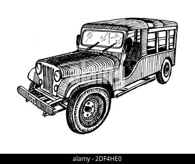 Dessin à la main Old Timer car 4 wd Classic, croquis graphiques illustration monochrome sur fond blanc (originaux, pas de tracé) Banque D'Images