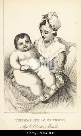 Thomas Hills Everett, l'énorme bébé d'Enfield. Portrait du bébé à 11 mois lorsqu'il était de la taille d'un enfant de 7 ans avec sa mère à partir d'une main-facture annonçant son exposition. Décès à l'âge de 18 mois, 1779-1780. Lithographie d’après une gravure à l’aide de Robert Cooper de Henry Wilson et de James Caulfield, Livre des personnages, mémoires et anecdotes remarquables et excentriques de personnes de tous âges et de tous pays, John Camden Hotten, Piccadilly, Londres, 1869. Banque D'Images