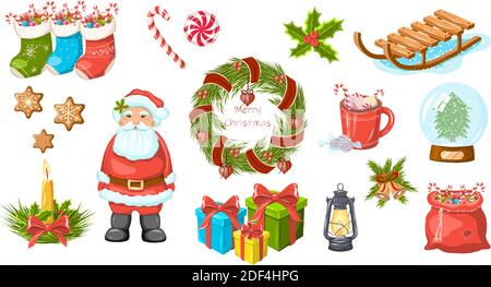 Ensemble Noël et nouvel an. Santa Elements pour cartes de vœux, invitations, bannières et prospectus. Illustration de Vecteur